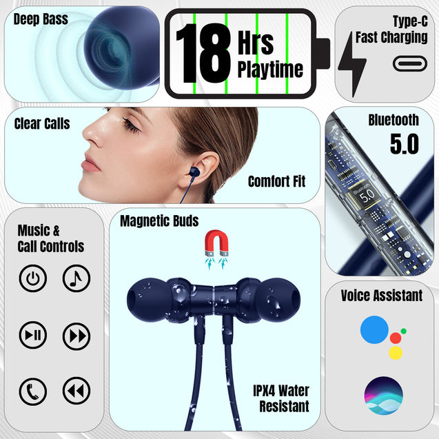 pTron InTunes Magic In-Ear Wireless Bluetooth Headphones with Mic (Blue)
