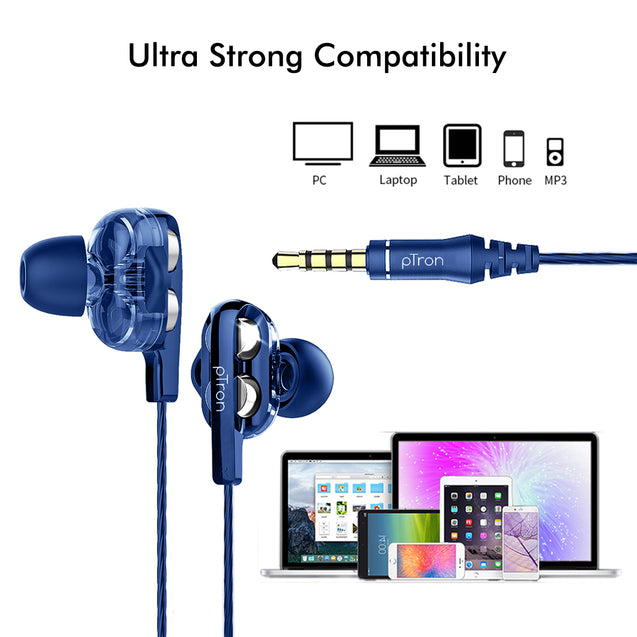 pTron Boom Ultima Dual Driver High Bass Wired Headphones with Mic & Volume Control (Dark Blue)