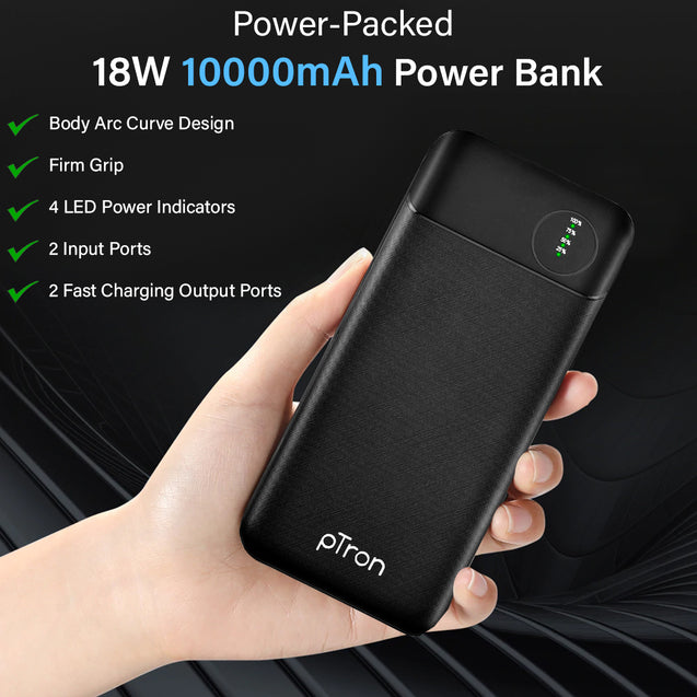 pTron Dynamo Pro 10000mAh 18W QC3.0 PD Power Bank, Made in India, Fast Charge, Type-C & Micro USB Input Ports, with 18W Type C Mini Cable for Smartphones & Other Smart Device - (Black)