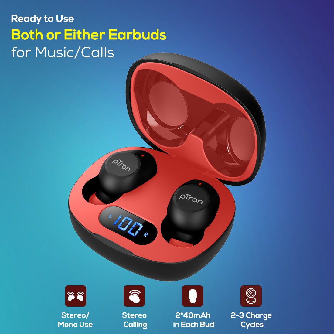 pTron Bassbuds Pro (New) True Wireless Bluetooth 5.1 Earbuds with Deep Bass, Touch Control & Built-in Mic (Black/Red)