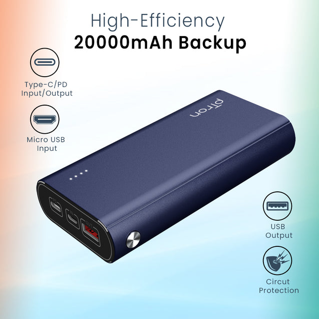 pTron Dynamo Zip 20000mAh Power Bank, 18W Fast Charge Type-C, Sturdy Design, Type-C & Micro USB Input Ports, Safe & Reliable, Li-Polymer Power Bank for Smartphones & Other Smart Device - (Blue)