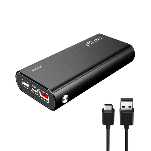 pTron Dynamo Zip 20000mAh Power Bank, 18W Fast Charge Type-C, Sturdy Design, Type-C & Micro USB Input Ports, Safe & Reliable, Li-Polymer Power Bank for Smartphones & Other Smart Device - (Black)