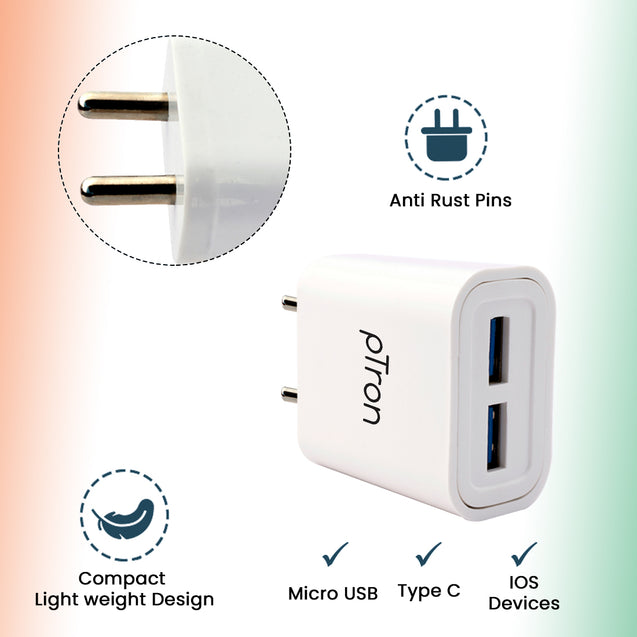 pTron Volta Evo 12W Dual USB Smart Charger, Made in India, BIS Certified, Fast Charging Power Adaptor Without Cable for All iOS & Android Devices - (White)