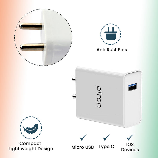 pTron Volta Plus 17W USB Smart Charger, Made in India, BIS Certified, Fast Charging Power Adaptor Without Cable for All iOS & Android Devices - (White)
