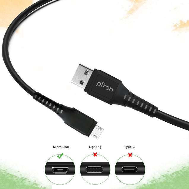 pTron Solero M241 2.4A Micro USB Data & Charging Cable, Made in India, 480Mbps Data Sync, Durable 1-Meter Long USB Cable for Micro USB Devices - (Black)