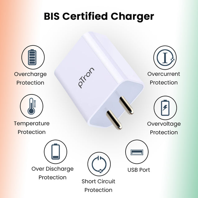 pTron Volta Evo 12W Single USB Smart Charger with 2.4A Micro USB 1-Meter Cable, Made in India, BIS Certified Fast Charging Power Adaptor - (White)