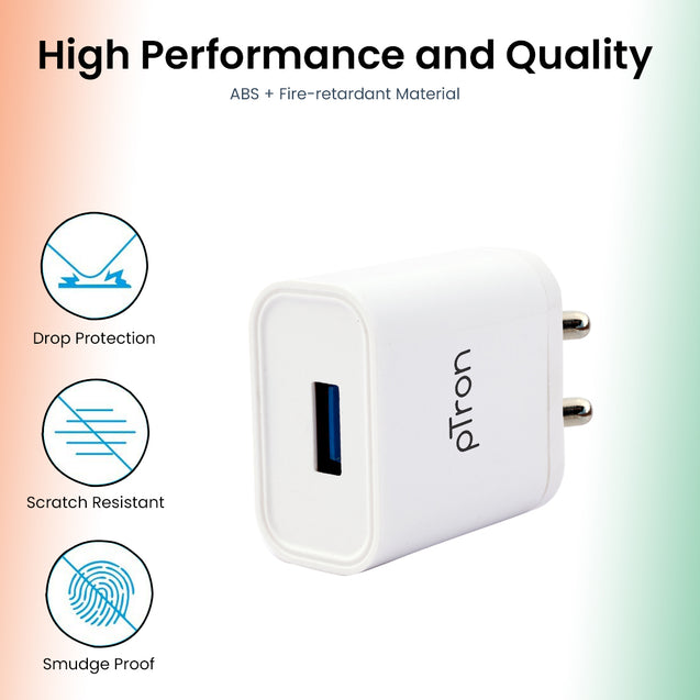 pTron Volta 12W Single USB Smart Charger with 2.4A Micro USB 1-Meter Cable, Made in India, BIS Certified Fast Charging Power Adaptor - (White)