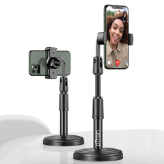 pTron Mount DSM1 360° Rotating Mobile Phone Desktop Stand, 24cm-32cm Adjustable Height, Sturdy & Stable Microphone Style Design, Lightweight, Portable & Easy Install (Black)