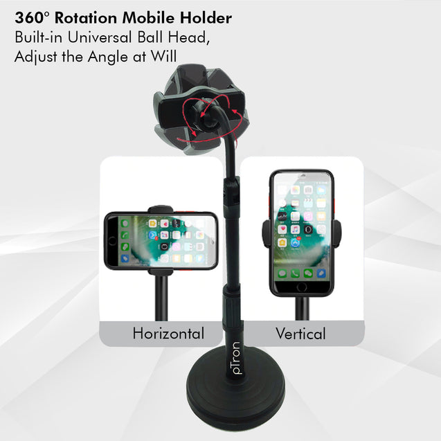 pTron Mount DSM1 360° Rotating Mobile Phone Desktop Stand, 24cm-32cm Adjustable Height, Sturdy & Stable Microphone Style Design, Lightweight, Portable & Easy Install (Black)