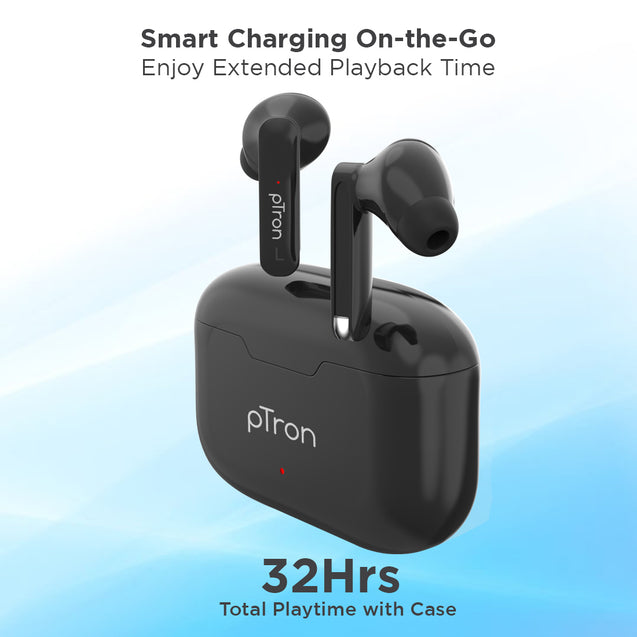 pTron Bassbuds Duo New Bluetooth 5.1 Wireless Headphones with Stereo Audio, Passive Noise Cancellation & Voice Assistant (Black)