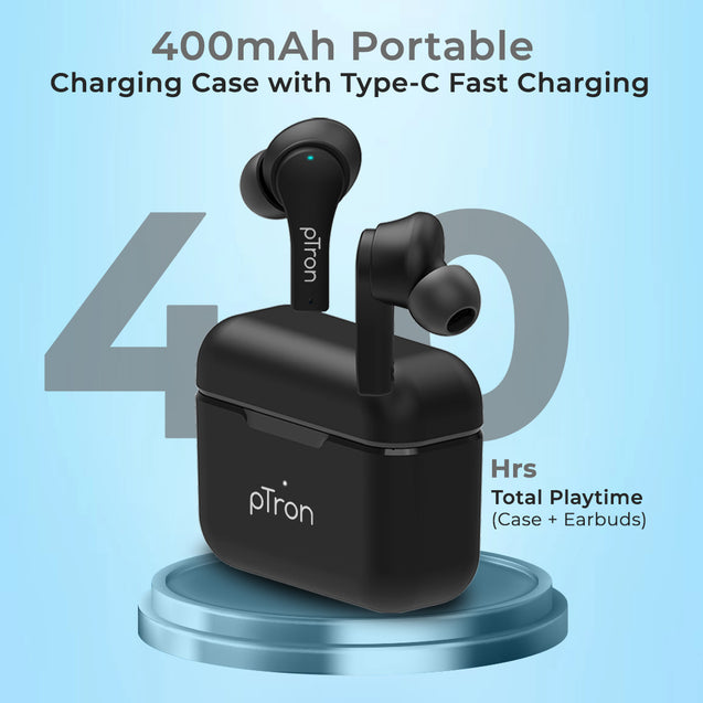 pTron Bassbuds Tango ENC (Environmental Noise Cancellation), Dedicated Movie Mode, 40Hrs Playtime, Bluetooth 5.1 Wireless Headphones, Deep Bass, Touch Control TWS & Type-C Fast Charging (Black)