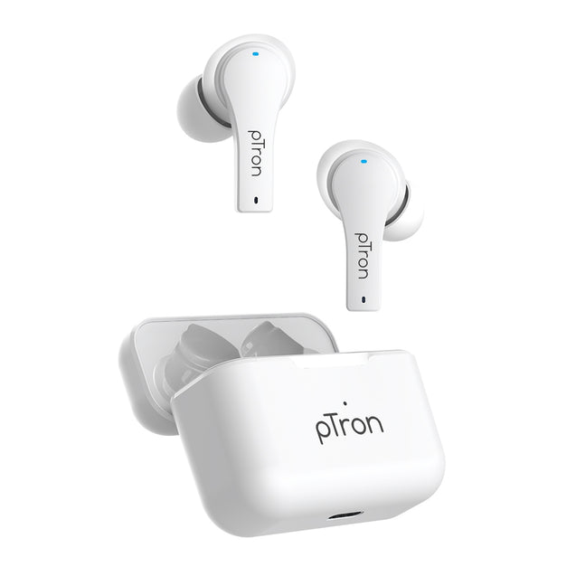 pTron Bassbuds Tango ENC (Environmental Noise Cancellation), Dedicated Movie Mode, Bluetooth 5.1 Wireless Headphones, Deep Bass, Touch Control TWS, 40Hrs Total Playtime & Type-C Fast Charging (White)