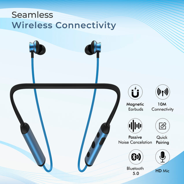 pTron InTunes Ultima Wireless Headphones, Powerful Bass, 18Hrs Playtime, Type-C Fast Charging, Bluetooth 5.0, Passive Noise Cancellation, Voice Assistant, HD Mic & IPX4 Water-Resistant (Black & Blue)