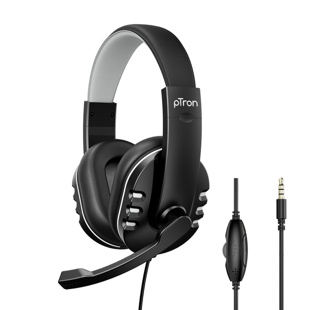 pTron Soundster Arcade Over-Ear Wired Headphones, Ergonomic Headset with Mic, Adjustable Boom Mic & in-line Volume Control Wheel, Universal 3.5mm Aux & 1.3 Meter Long Tangle-Free Cable (Black)