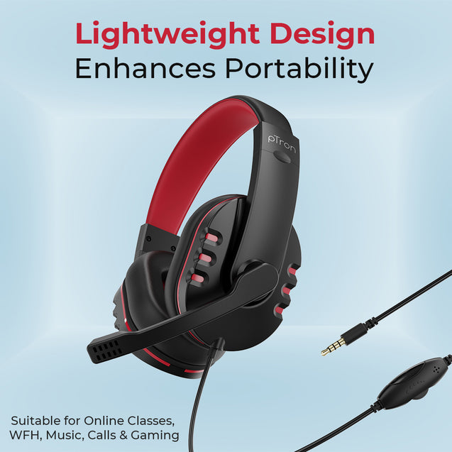 pTron Soundster Arcade Over-Ear Wired Headphones, Ergonomic Headset with Mic, Adjustable Boom Mic & in-line Volume Control Wheel, Universal 3.5mm Aux & 1.3 Meter Long Tangle-Free Cable (Black & Red)