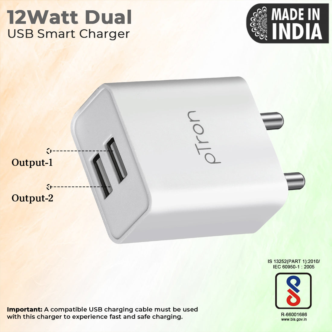 pTron Volta Dual Port 12W Smart USB Charger Adapter, Multi-Layer Prote -  pTron India