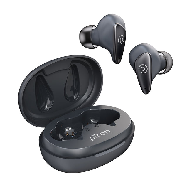 pTron Bassbuds Wave ENC Bluetooth 5.3 Wireless Headphones, 40Hrs Total Playtime, Movie Mode & Deep Bass, Low Latency, Stereo Calls, Snug-fit TWS Earbuds, Smooth Touch Control & Type-C Charging (Grey)