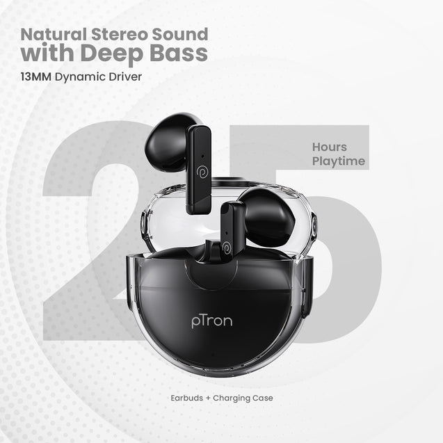 pTron Bassbuds Fute 5.1 Bluetooth Truly Wireless in Ear Earbuds with Mic 25Hrs Playtime, 13Mm Dynamic Driver, Immersive Audio, Touch Control, Voice Assistance, Ipx4 & Type-C Charging (Black)