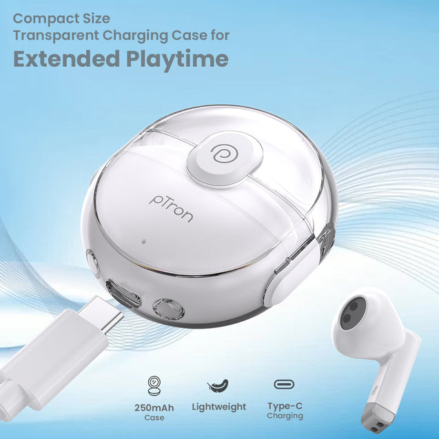 pTron Bassbuds Fute 5.1 Bluetooth Truly Wireless in Ear Earbuds with Mic 25Hrs Playtime, 13Mm Dynamic Driver, Immersive Audio, Touch Control, Voice Assistance, Ipx4 & Type-C Charging (White)