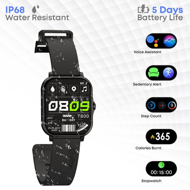 pTron Force X10 Bluetooth Calling Smartwatch with 4.3 cm Full Touch Color Display, Real Heart Rate Monitor, SpO2, Multiple Watch Faces, 5 Days Runtime, Health/Fitness Trackers & IP68 Waterproof (Black)
