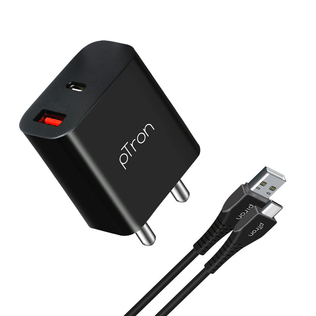 pTron Volta FC15 20W Fast PD/Type-C & USB Charger Adapter with Type-C 1M USB Cable, Auto-detect Technology, Multi-Layer Protection, iPhone & Android Compatibility, Made in India Adaptor (Black)