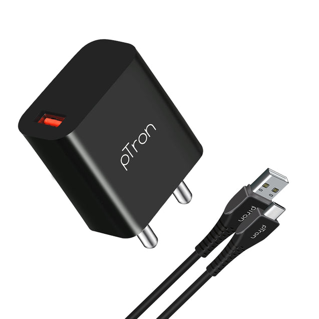 pTron Volta FC12 20W QC3.0 Smart USB Charger with Type-C 1M USB Cable, Made in India, Auto-detect Technology, Multi-Layer Protection, Fast Charging Adaptor for All Android & iOS Devices (Black)