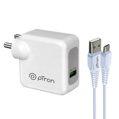 pTron Volta FC16 30W QC3.0 Smart USB Charger with Type-C 1M USB Cable, Made in India, BIS Certified, Fast Charging Adapter for All Type-C/iOS Devices (White)