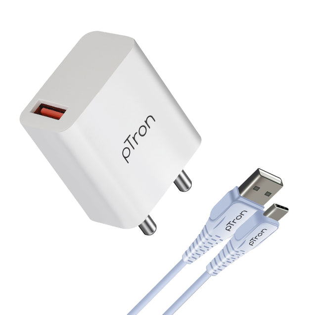 pTron Volta FC12 20W QC3.0 Smart USB Charger with Type-C 1M USB Cable, Made in India, Auto-detect Technology, Multi-Layer Protection, Fast Charging Adaptor for All Android & iOS Devices (White)