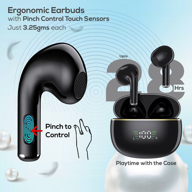 pTron Bassbuds Perl in-Ear TWS Earbuds with TruTalk ENC, Bluetooth 5.3 Wireless Headphone with Mic, Deep Bass, Low Latency, HD Stereo Call, Pinch Control & Type-C Fast Charging (Black)