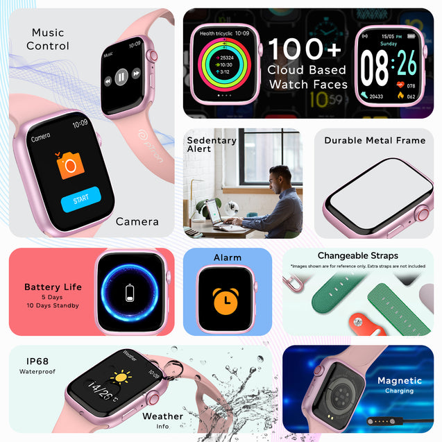 pTron Force X12S Bluetooth Calling Smartwatch, 4.6 cm Full Touch HD Display, Functional Crown, Real Heart Rate Monitor, SpO2, WatchFaces, 5 Days Battery Life, Fitness Trackers & IP68 Waterproof (Pink)