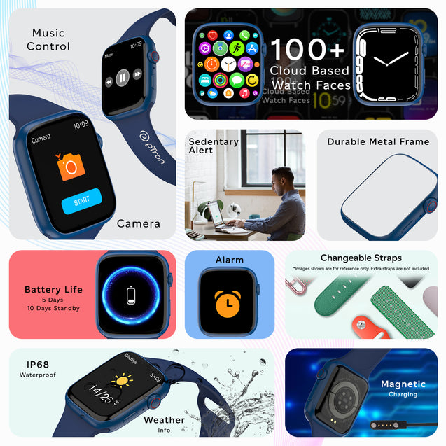 pTron Force X12S Bluetooth Calling Smartwatch, 1.85" Full Touch HD Display, Functional Crown, Real Heart Rate Monitor, SpO2, WatchFaces, 5 Days Battery Life, Fitness Trackers & IP68 Waterproof (Blue)