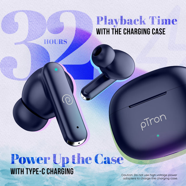 pTron Bassbuds Air In-Ear TWS Earbuds with 13mm Driver for Immersive Sound, 32Hrs Playtime, Clear Calls, Bluetooth V5.1, Touch Control, TypeC Fast Charging, Voice Assist & IPX4 Water Resistant (Blue)