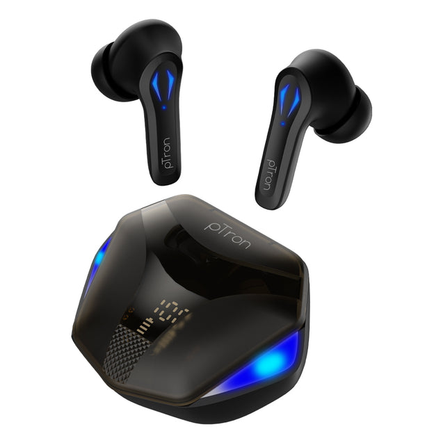 pTron Basspods 681 with Dedicated Gaming Mode, 50ms Low Latency, True Wireless Bluetooth 5.1 Headphone, 40Hrs Playback, Deep Bass, Clear Calls, Touch Control TWS Earbuds & Type-C Fast Charging (Black)