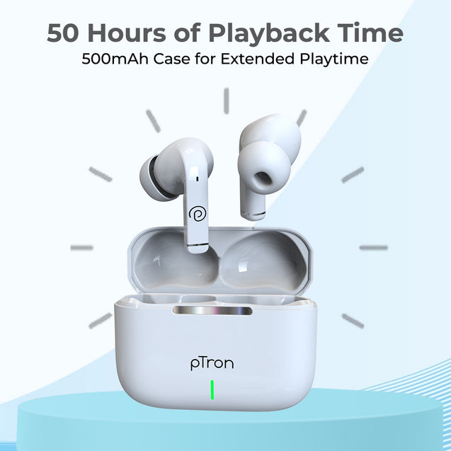 pTron Basspods P251+ with 50Hrs Playback, 12mm Driver, ENC, Movie Mode, Touch Controls Bluetooth Wireless Headphones (White)