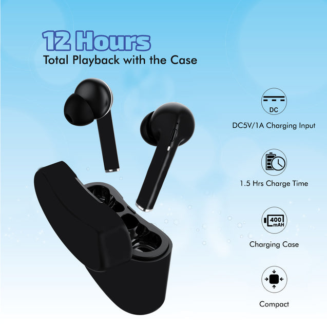 pTron Basspods 882 Bluetooth 5.1 Wireless Headphones (TWS) with Deep Bass Audio & 12Hrs Total Playtime with Case (Black)