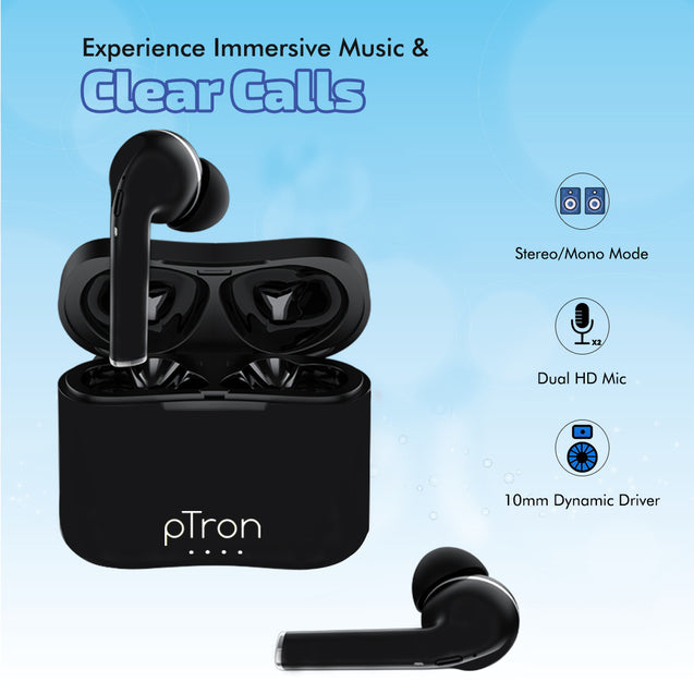 pTron Basspods 882 Bluetooth 5.1 Wireless Headphones (TWS) with Deep Bass Audio & 12Hrs Total Playtime with Case (Black)