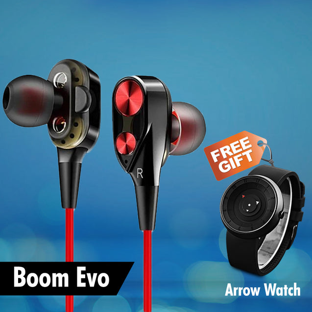 Buy Boom  Evo 4D Wired Headphone With Mic ,Get DaZon Arrow Stylish Sports Silicon Wrist Watch